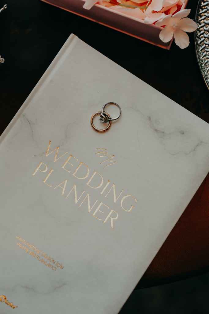 Wedding Planner, Wedding Planning, Wedding Planner Journal with Wedding Bands laid on top, Marble Wedding Planner
